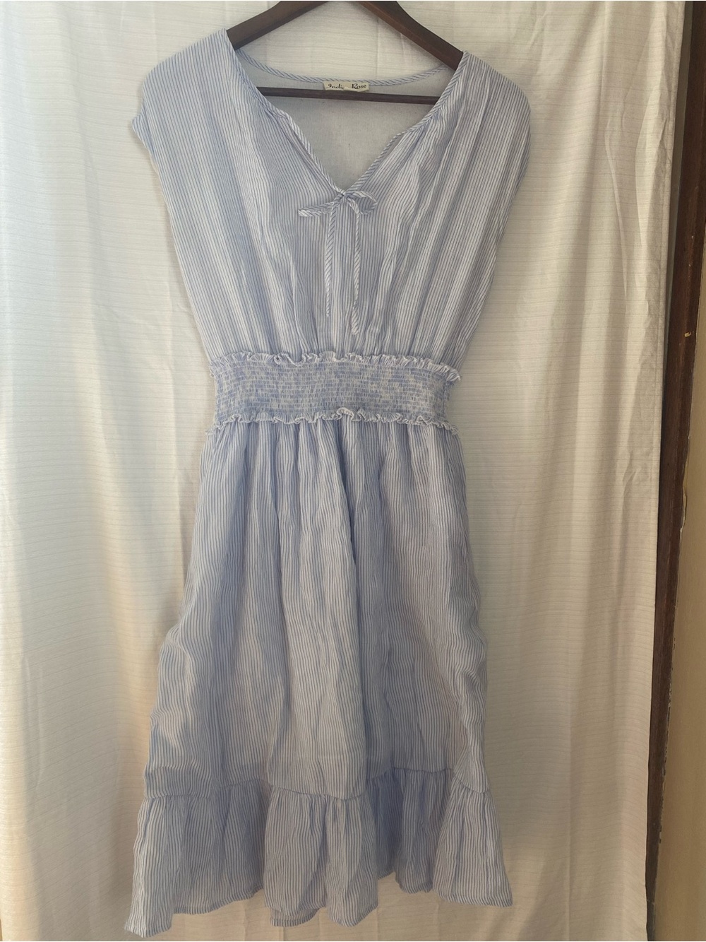 Light Blue Striped Coastal Smocked Waist Midi Dress Rails Style